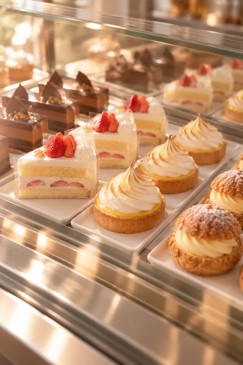 ショーケースに並んだショートケーキやレモンタルト